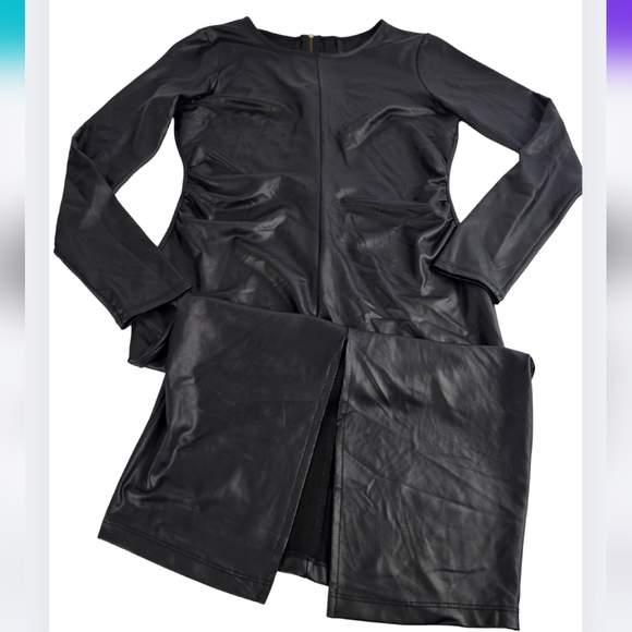 Tic Toc Dresses & Skirts - Tic Toc L Black Vegan Leather Long Sleeve Bodycon Dress Front Slit 3265-AW